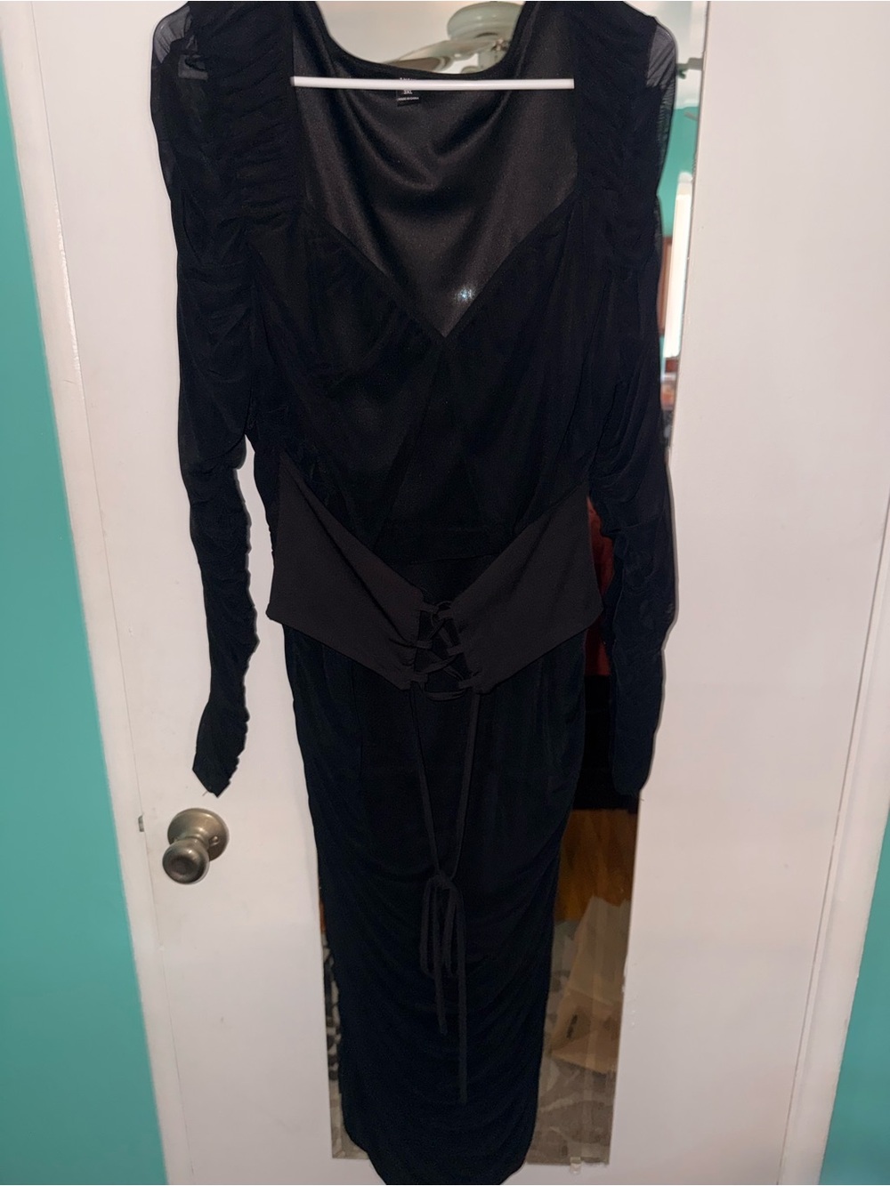 SHEIN Black Long Sleeve Mesh Dress with Lace-Up Waist